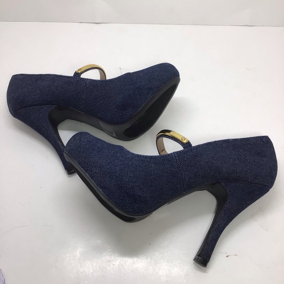 Qupid Denim Platform Metallic Mary Jane Stilettos - Picture 9 of 12